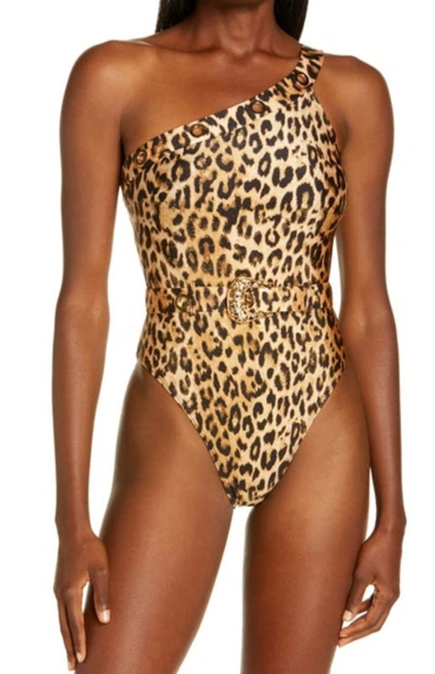 River Island One Piece Leopard Swimsuit Size 6 Brown One Shoulder Grommet Chic